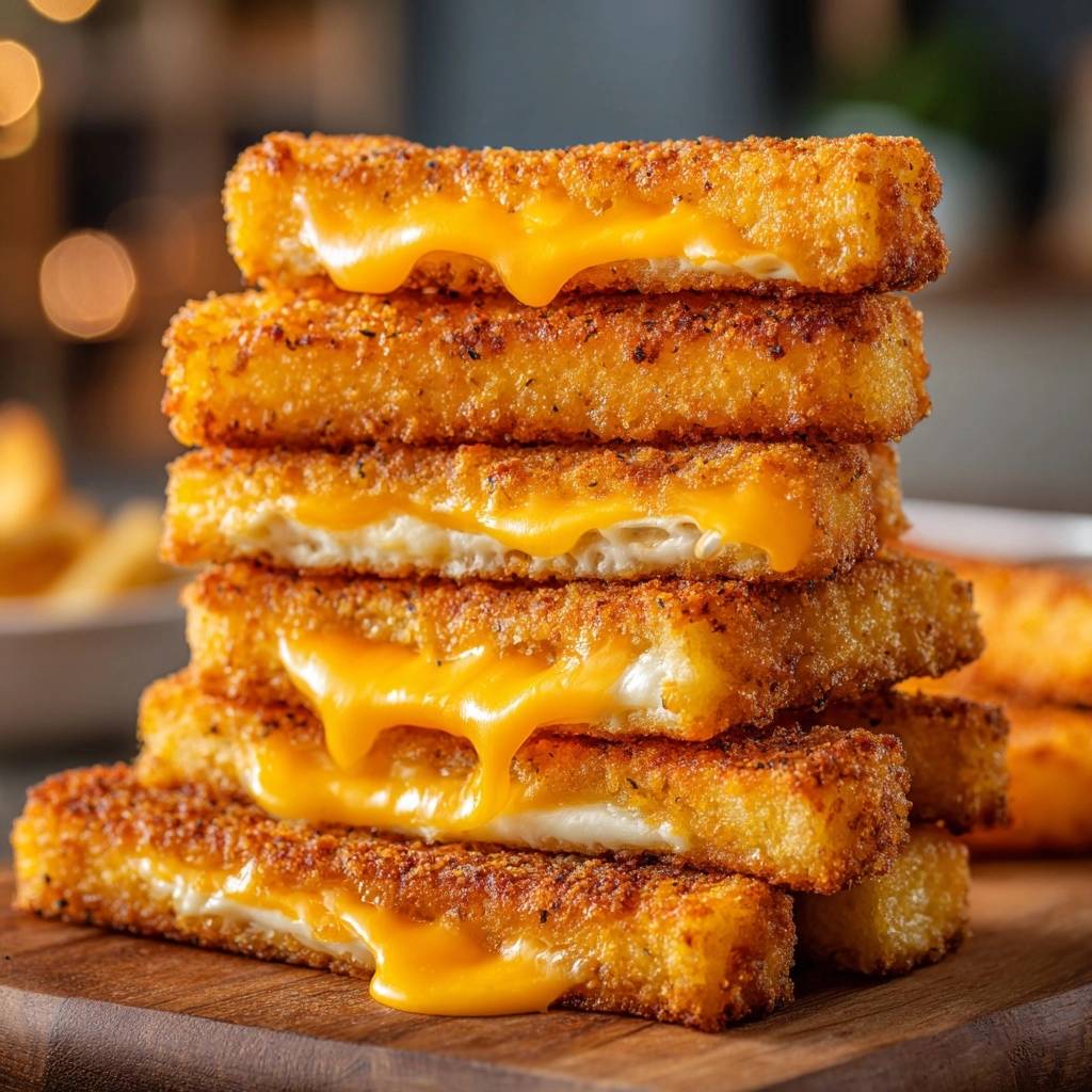 Ultimate crispy mozzarella sticks with gooey melted cheese oozing out, stacked high on a wooden board.
