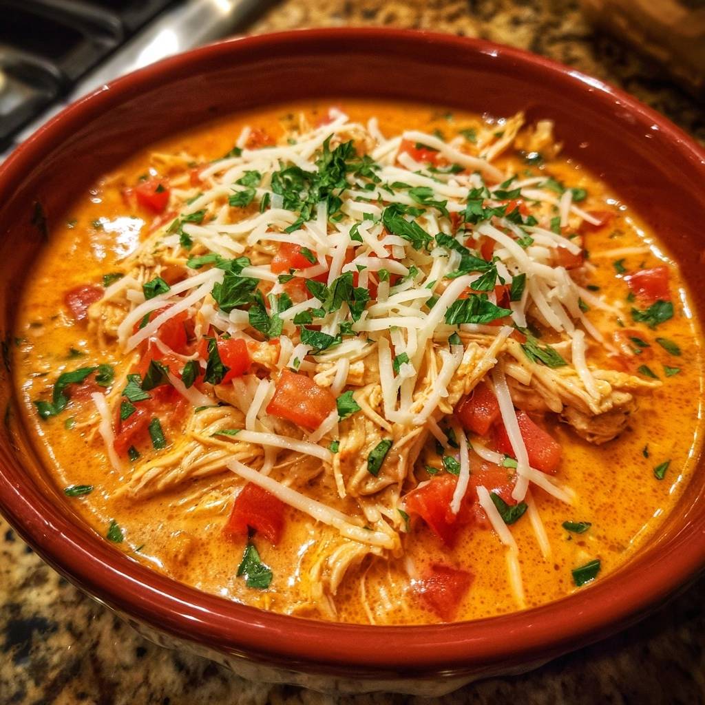 Ultra creamy tomato chicken soup garnished with shredded cheese and fresh parsley in a rustic bowl.