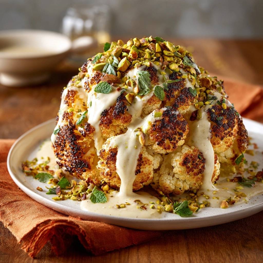 Whole roasted cauliflower with pistachio tahini sauce drizzled generously over the top and garnished with nuts and mint.