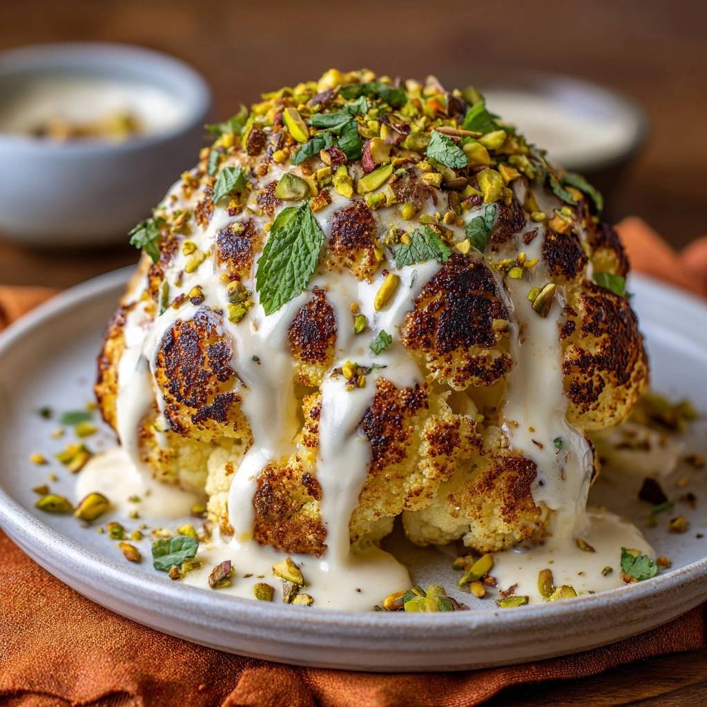 Whole roasted cauliflower with pistachio tahini sauce drizzled and generously garnished with chopped pistachios and mint.