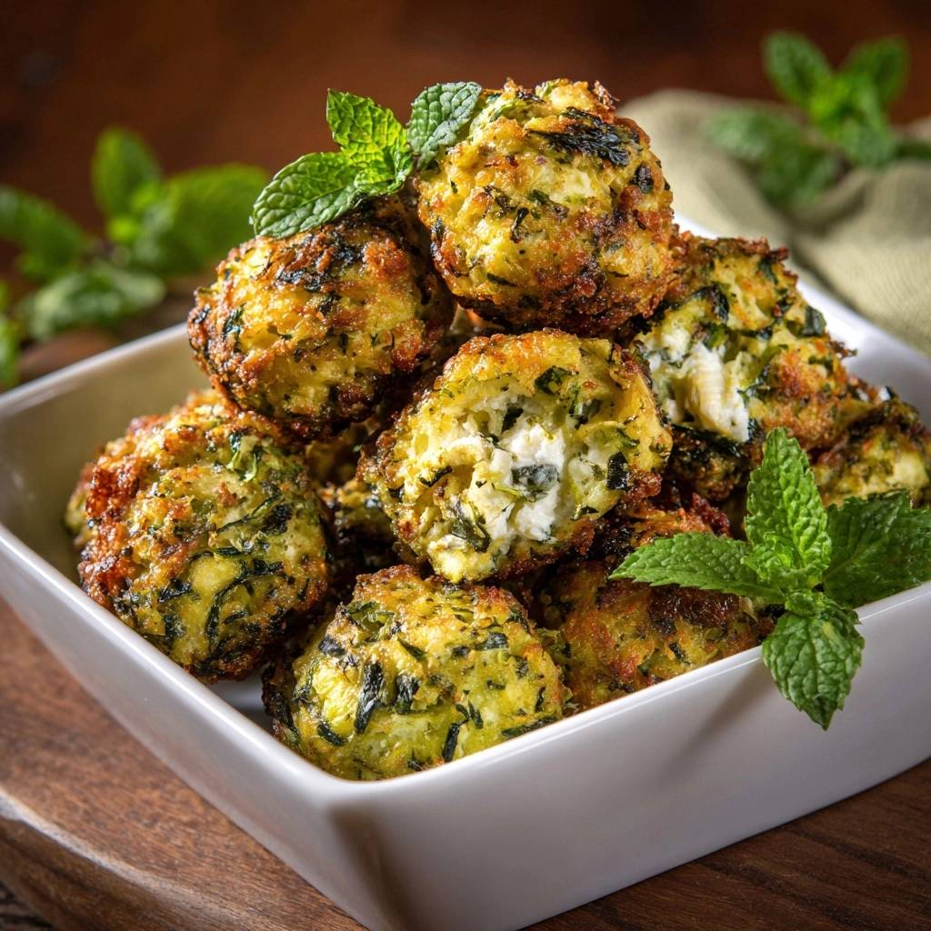 Crispy Zucchini Feta Balls show a cross-section revealing creamy feta cheese inside.
