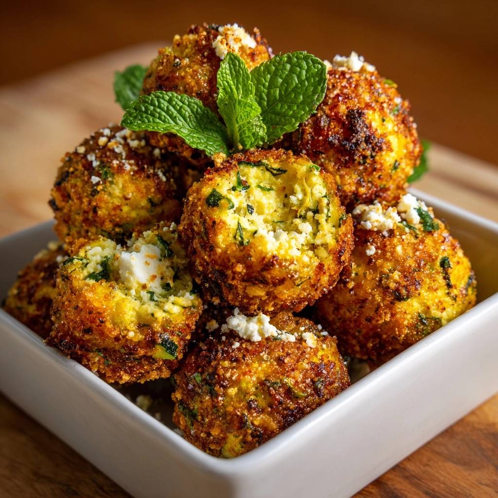 Crispy zucchini feta balls with a close-up cross-section showing the feta cheese filling and fresh mint garnish.