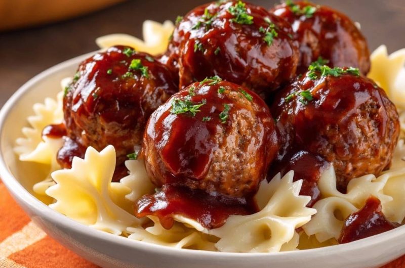 BBQ Meatballs over Farfalle