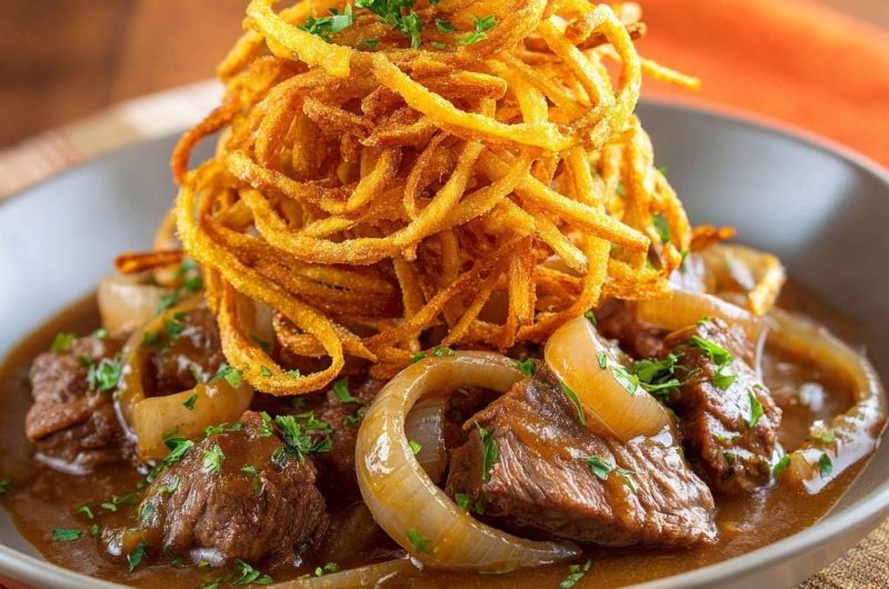 Beef and Onions with Crispy Onion Strings