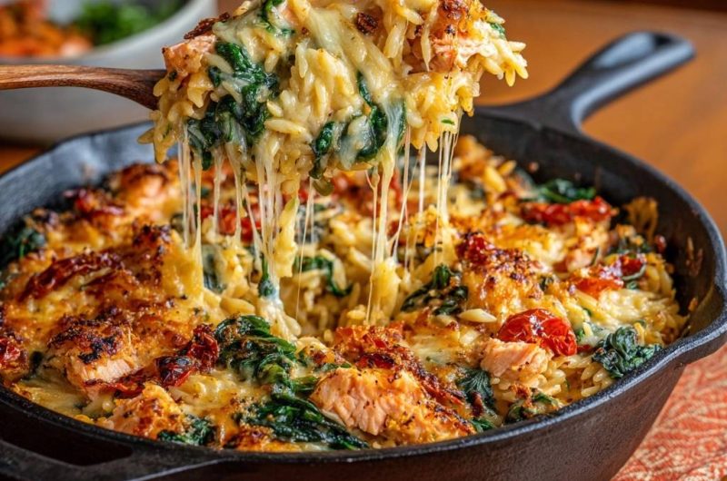 Cheesy Skillet Salmon Orzo with Spinach & Sun-Dried Tomatoes