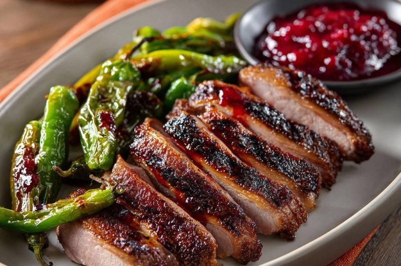 Crispy Glazed Duck Breast with Blistered Shishitos and Cranberry Sauce