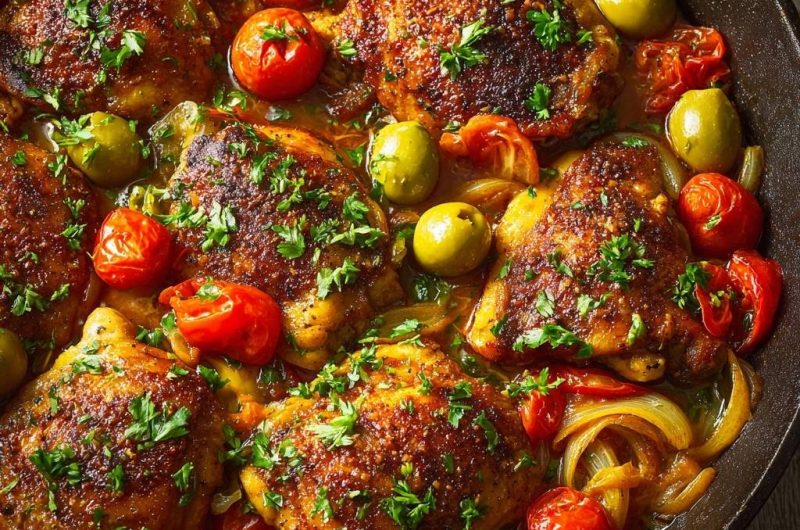 Crispy Skillet Chicken Thighs with Tomatoes and Olives