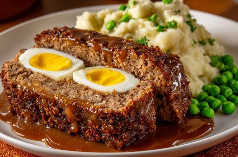 Egg-Stuffed Meatloaf with Gravy, Mash & Peas