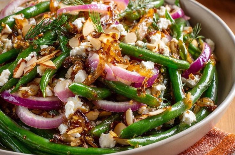 Green Bean Salad with Caramelized Onions, Feta & Almonds
