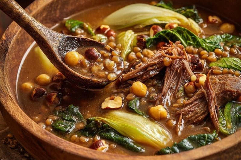 Hearty Beef Lentil Chickpea Stew with Greens