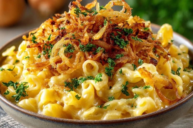 Creamy Mac and Cheese with Crispy Fried Onions