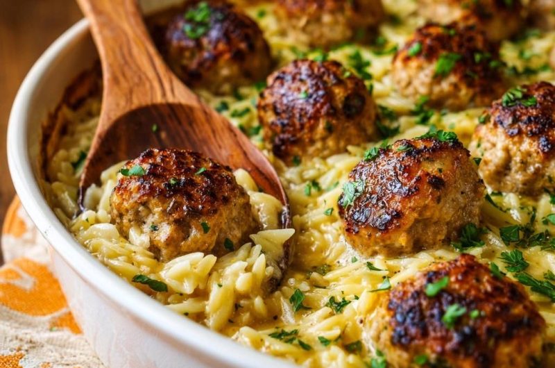 Creamy Meatball Orzo Bake