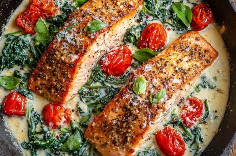 One-Pan Creamy Spinach Tomato Salmon