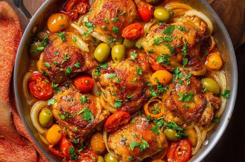 One-Pan Crispy Chicken Thighs with Burst Tomatoes and Olives