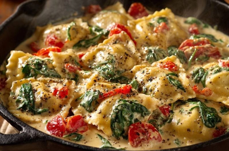 One-Skillet Creamy Spinach Tomato Ravioli