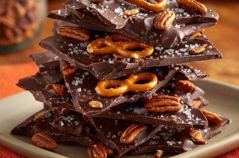 Salted Pecan and Pretzel Dark Chocolate Bark