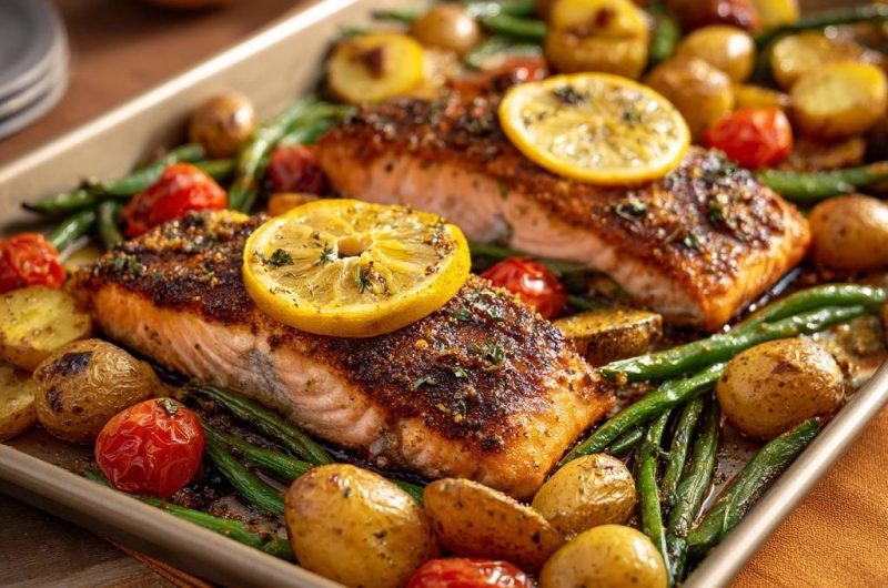 Sheet Pan Lemon Salmon with Potatoes, Green Beans & Tomatoes