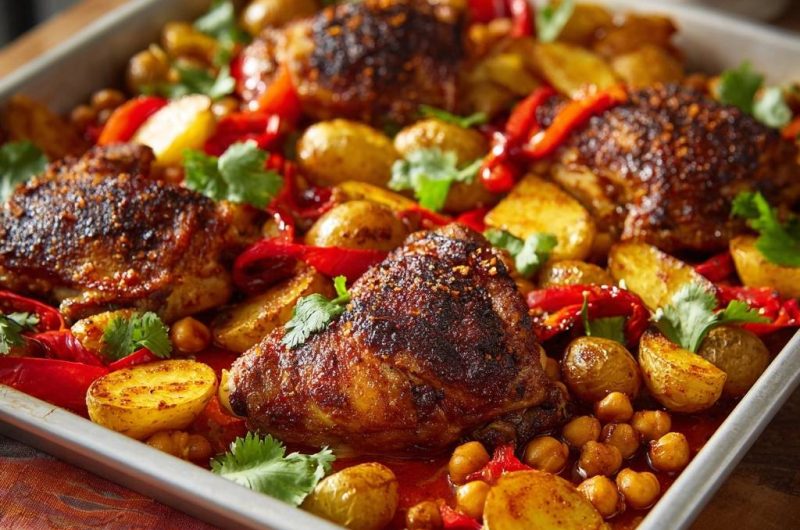 Sheet Pan Spiced Chicken Thighs with Potatoes, Peppers & Chickpeas