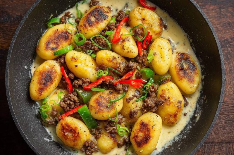 Spicy Creamy Beef Gnocchi Skillet