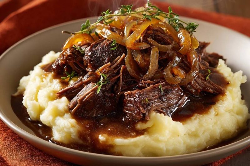 Thyme-Braised Beef with Caramelized Onions over Mashed Potatoes