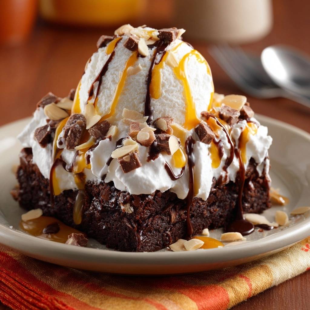 Almond toffee brownie sundae, a single serving plated with ice cream, whipped cream, and drizzles.