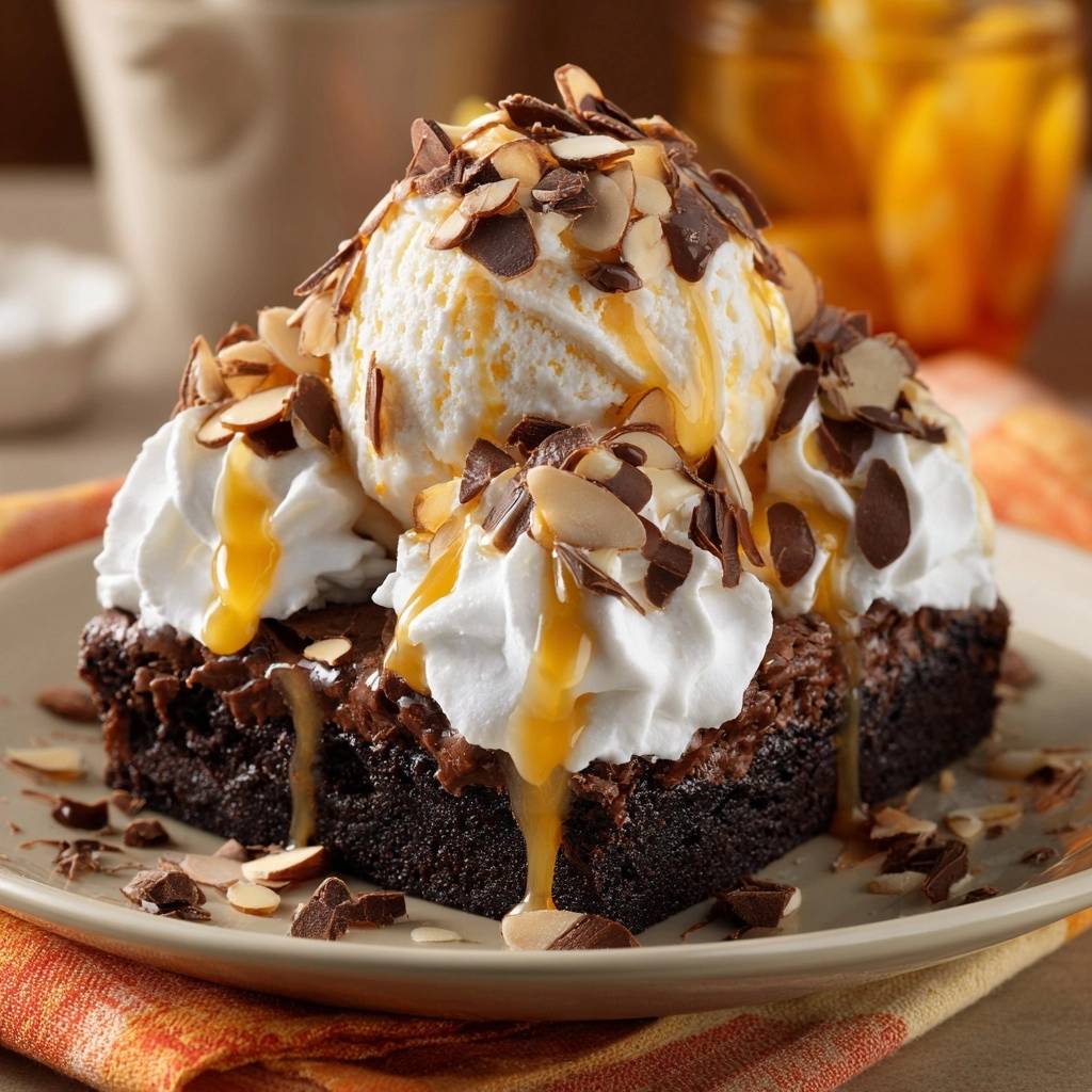 Almond Toffee Brownie Sundae plated with a scoop of ice cream, whipped cream, and caramel drizzle.