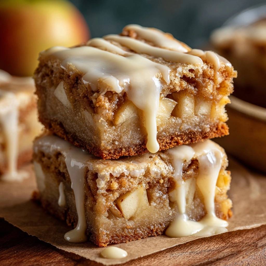 Apple crumble bars stacked high, showcasing a thick, drizzled glaze dripping down the sides.