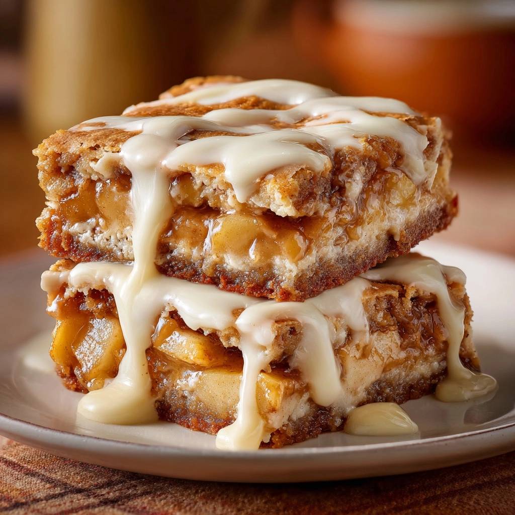 Apple crumble bars stacked and drizzled with white glaze, showing layers of apple and crumble.