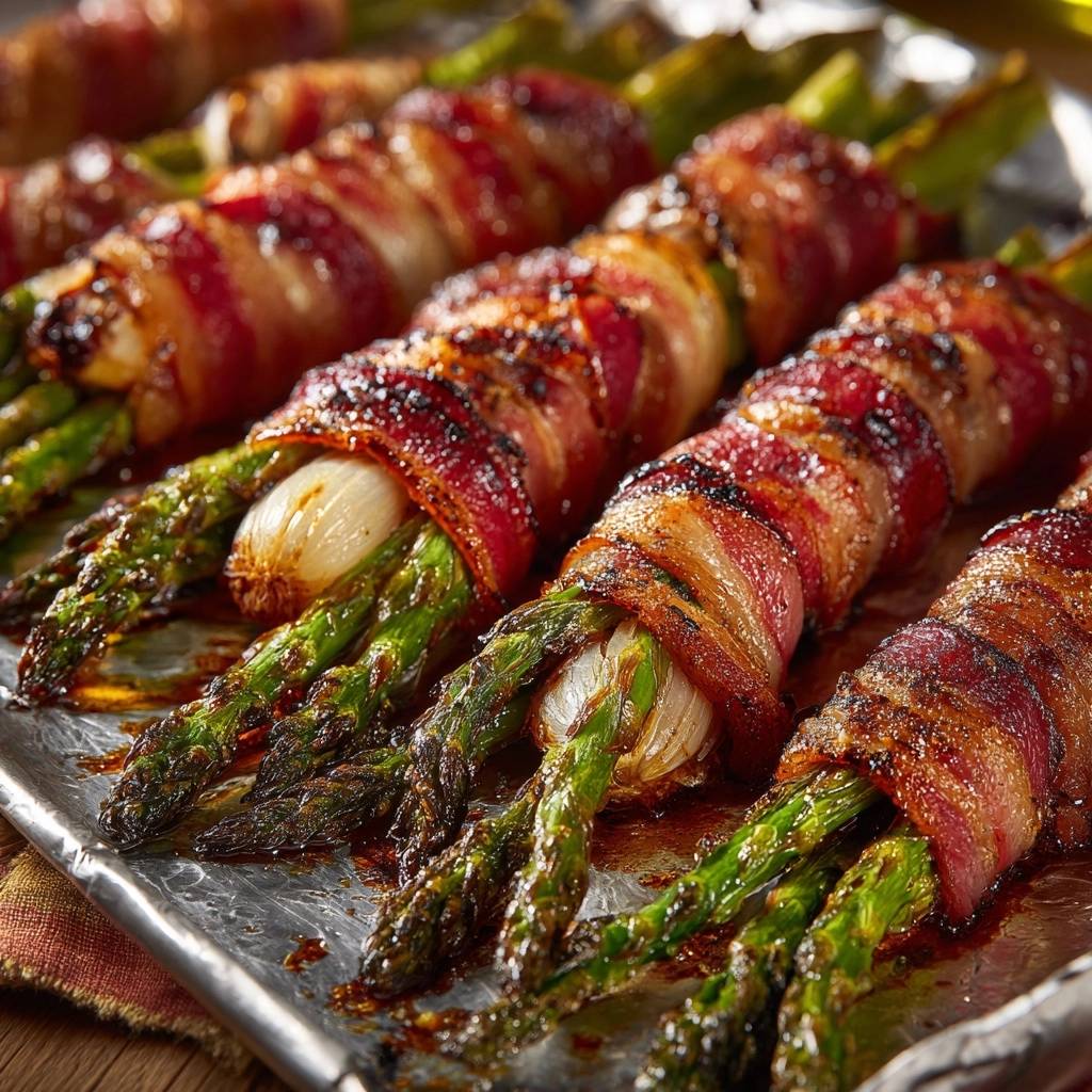 Bacon-wrapped asparagus bundles with crispy results, shown in a close-up view of the baked dish on a baking sheet.