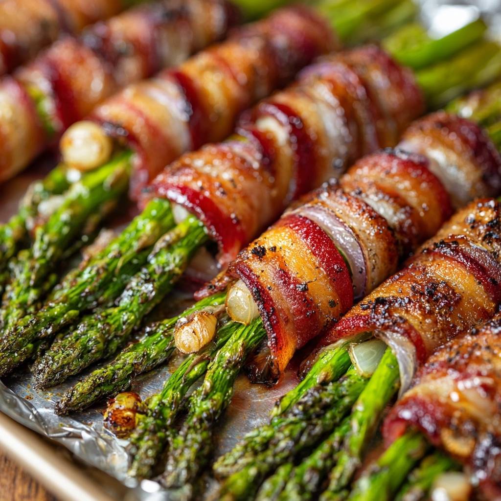 Bacon-wrapped asparagus bundles with a close-up view showing the crispy bacon and tender green asparagus.