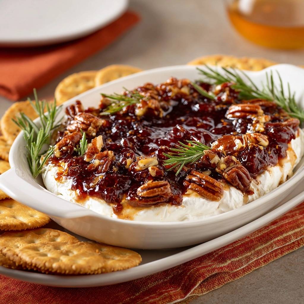 Baked brie with fig jam, pecans, and rosemary, showcasing a close-up of the rich topping and fresh garnish.