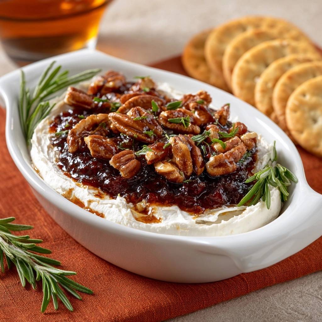 Baked brie with fig jam, pecans, and rosemary, showcasing a close-up view of the glistening pecan topping.