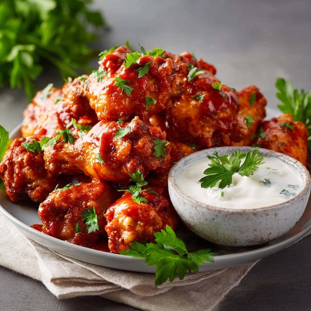 Baked buffalo wings plated with a side of creamy dipping sauce and garnished with fresh parsley.