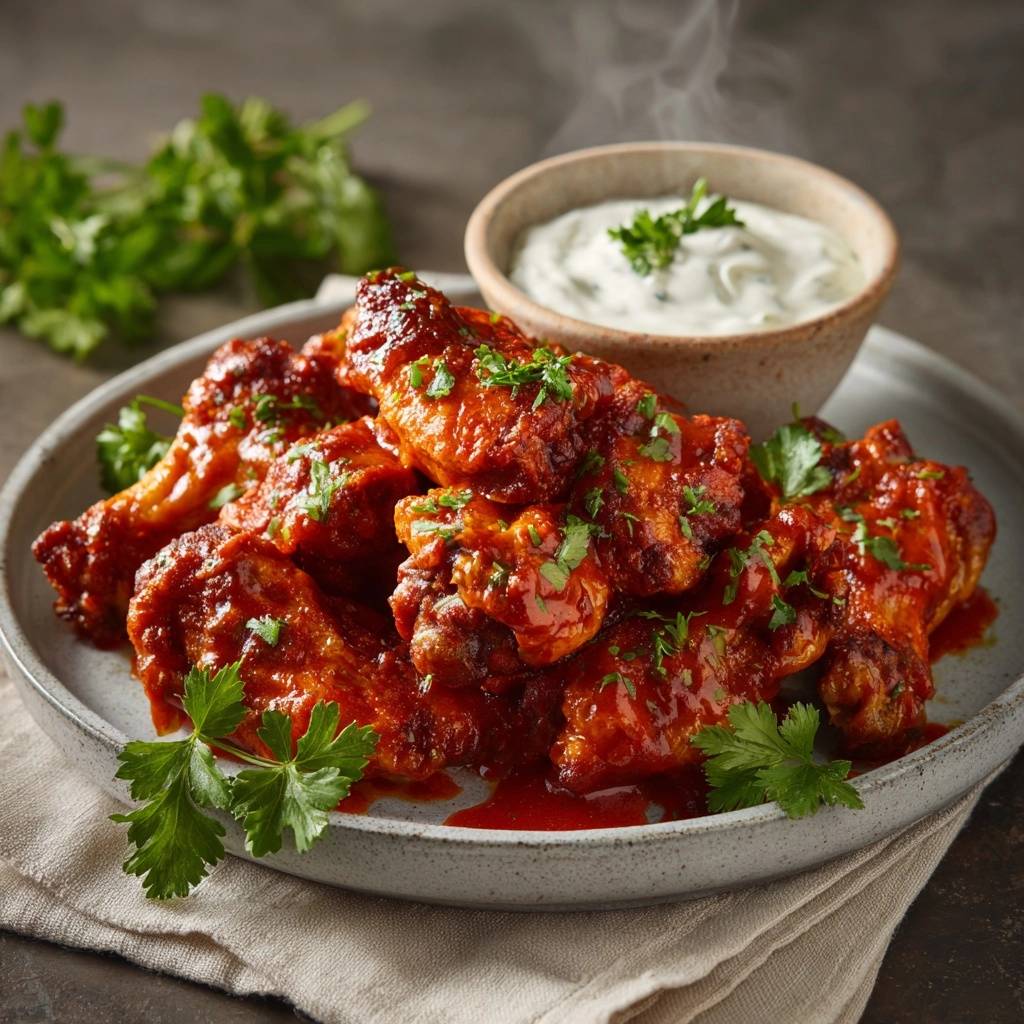 Baked buffalo wings glistening with sauce and topped with parsley, served with a side of creamy dip and steam rising.