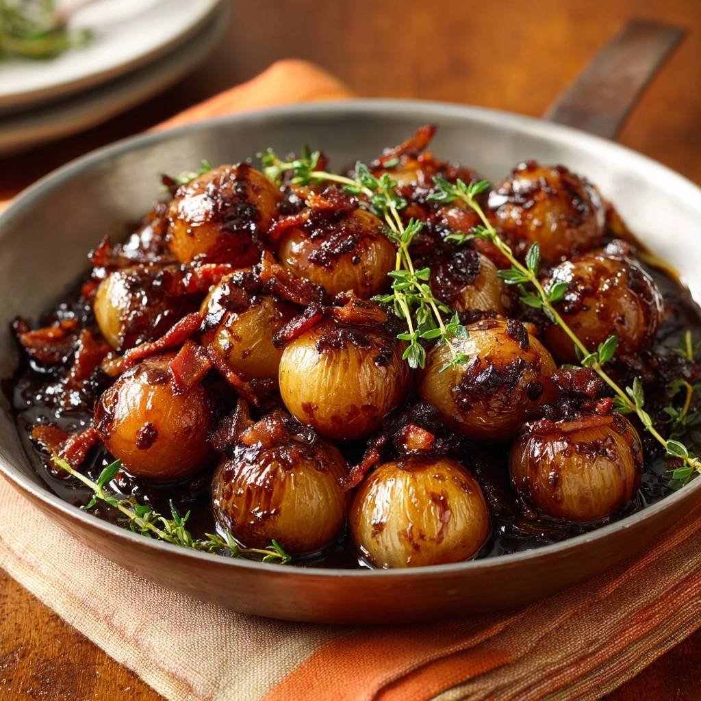 Balsamic glazed pearl onions with bacon served in a skillet, garnished with fresh thyme sprigs.
