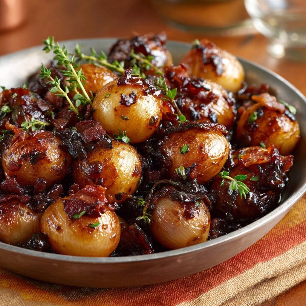 Balsamic glazed pearl onions with bacon and thyme, a close-up detail shot of the glossy glaze and scattered bacon bits.