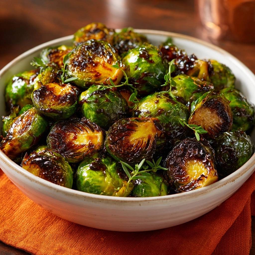 Balsamic thyme roasted Brussels sprouts shown in a bowl with a glistening glaze and fresh herb garnish.