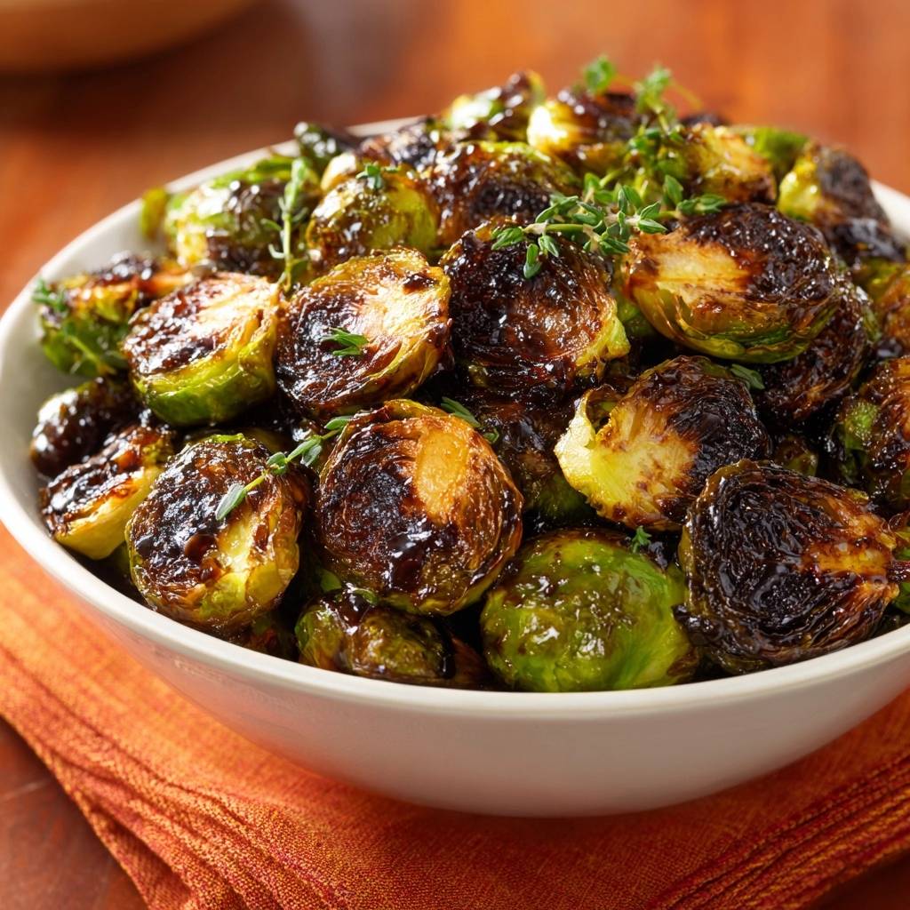 Balsamic thyme roasted Brussels sprouts shown in a bowl, with a close-up view highlighting their glossy glaze and fresh thyme garnish.