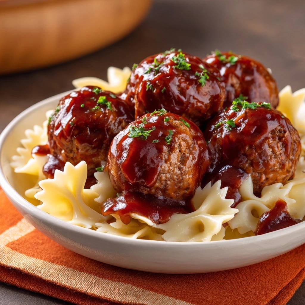 BBQ meatballs over farfalle pasta, garnished with fresh parsley, showcasing the rich sauce.
