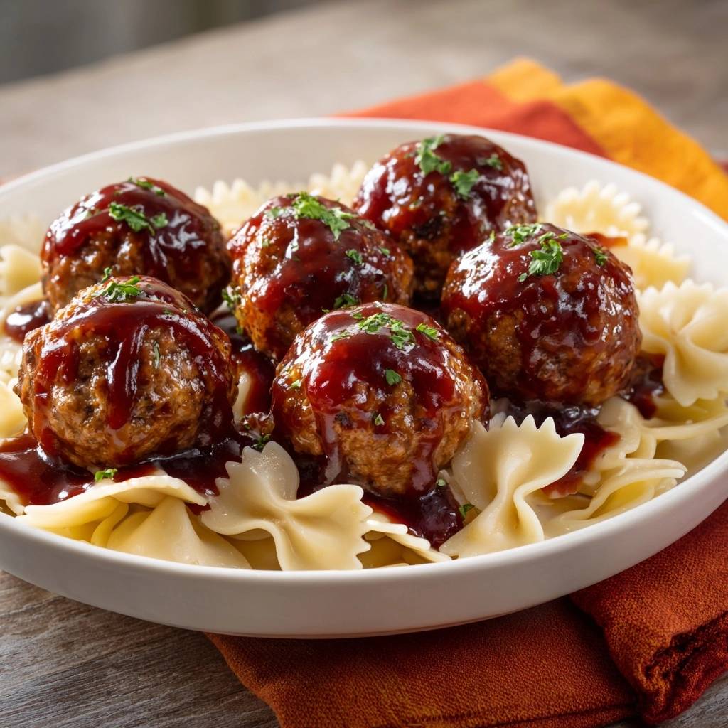 BBQ meatballs over farfalle pasta, generously drizzled with a rich, glossy BBQ glaze and garnished with parsley.
