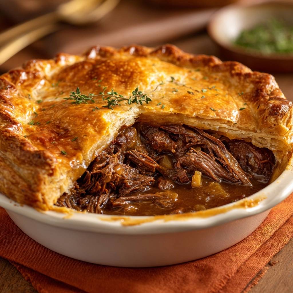 Flaky beef and onion pot pie recipe shown in a close-up cross-section revealing the tender shredded beef filling.