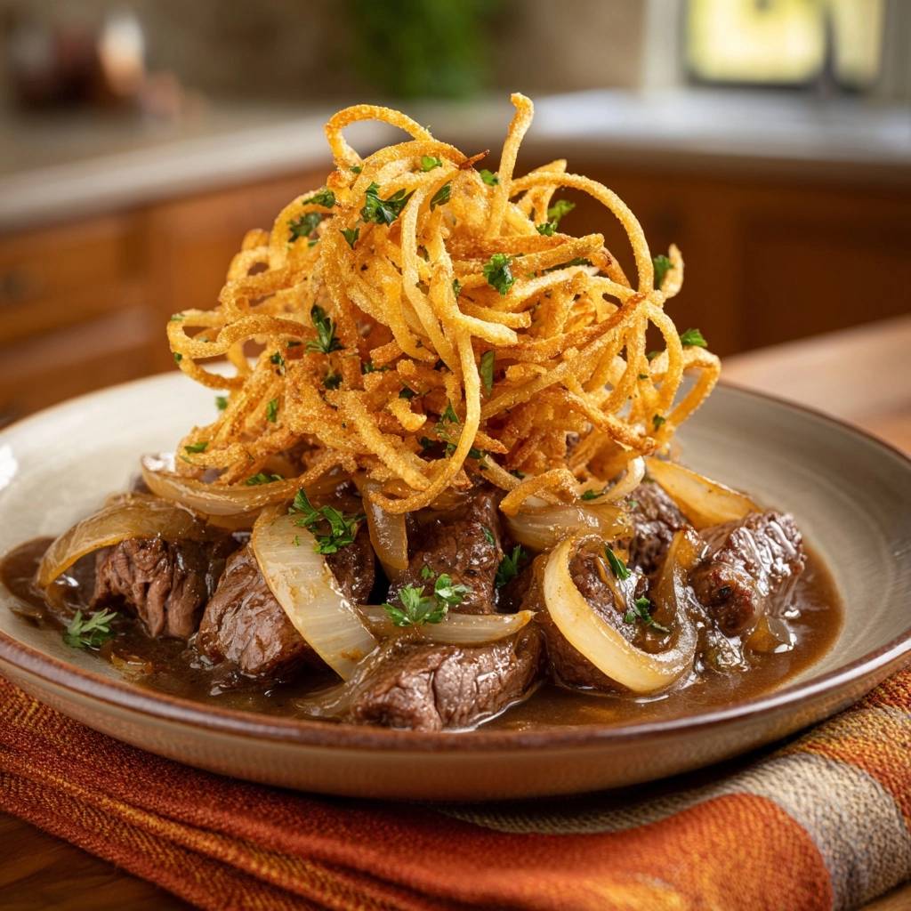 Beef and onions with crispy onion strings topping served in a bowl with a rustic napkin.