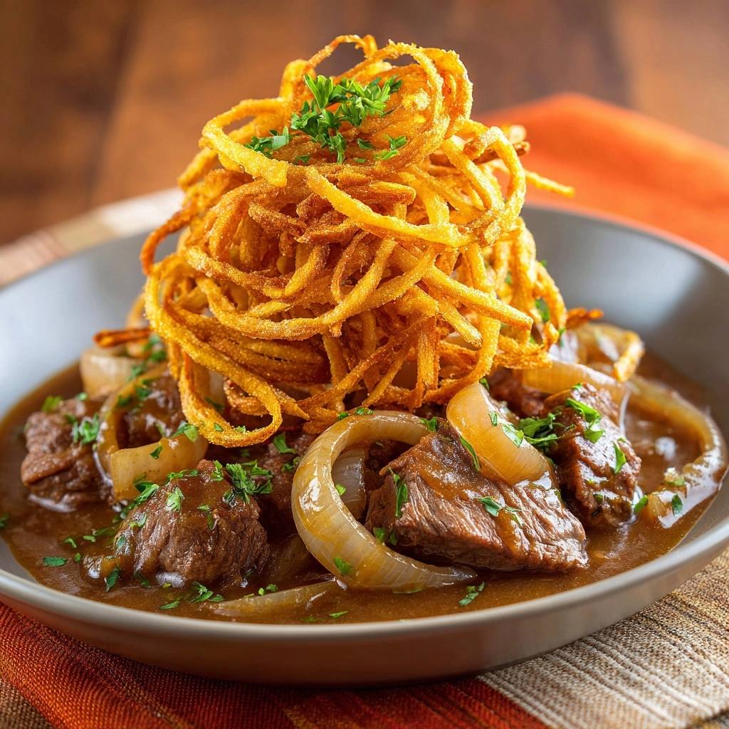 Beef and onions with crispy onion strings piled high on top in a bowl, garnished with parsley.
