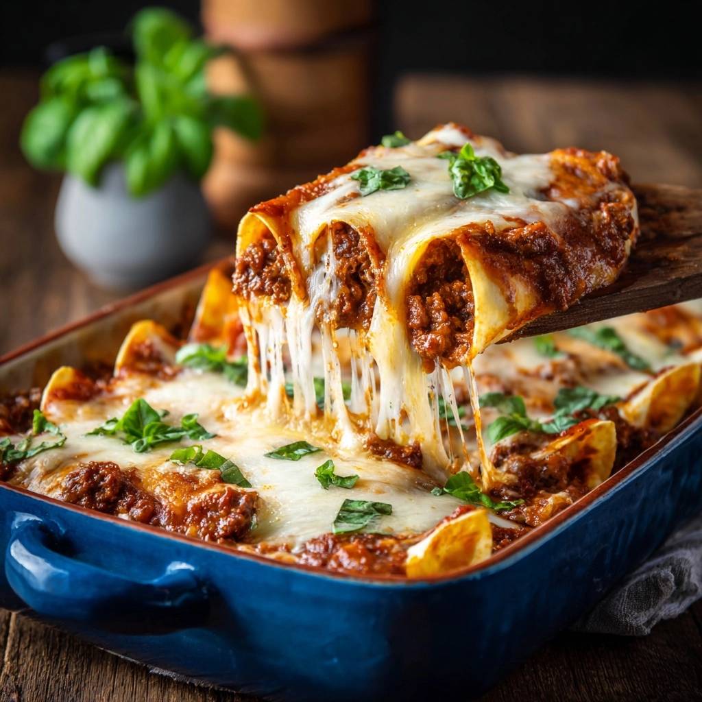 Ooey-gooey beef enchiladas with a generous cheese pull, showcasing the melty mozzarella topping.