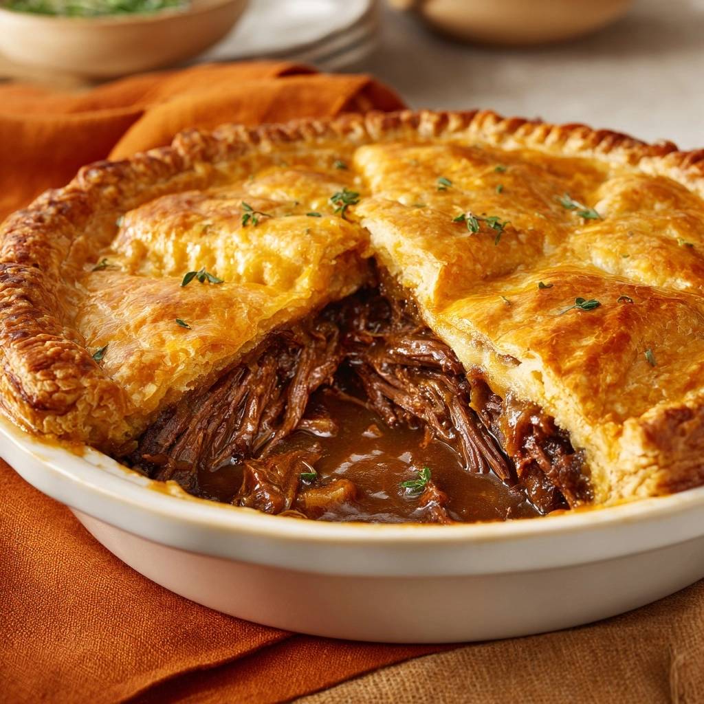 Flaky beef and onion pot pie shown in a cross-section, revealing the tender shredded beef filling.