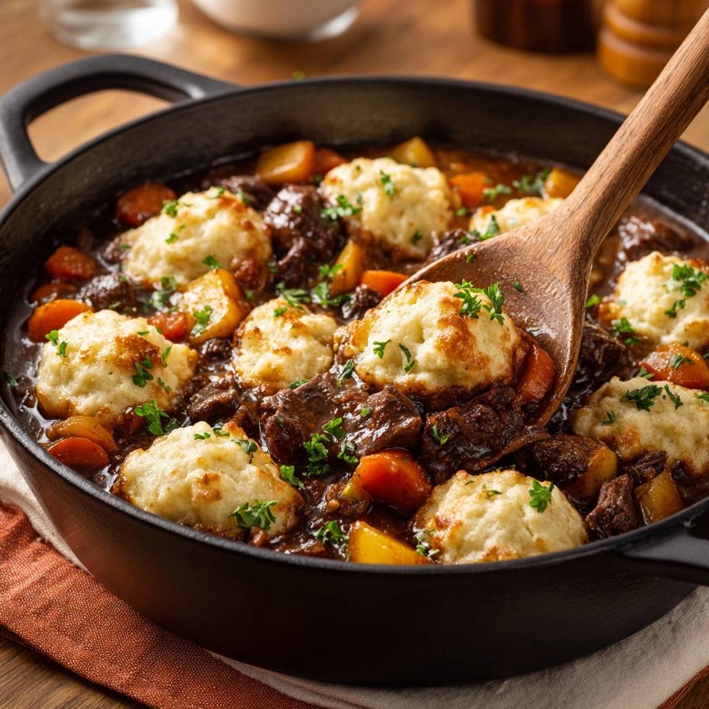 Hearty beef stew and golden crust dumplings in a cast iron skillet, with a wooden spoon scooping a serving.