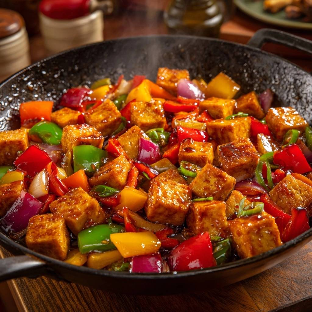 Vibrant bell pepper tofu stir-fry sizzling in a wok, showcasing colorful vegetables and glazed tofu cubes.