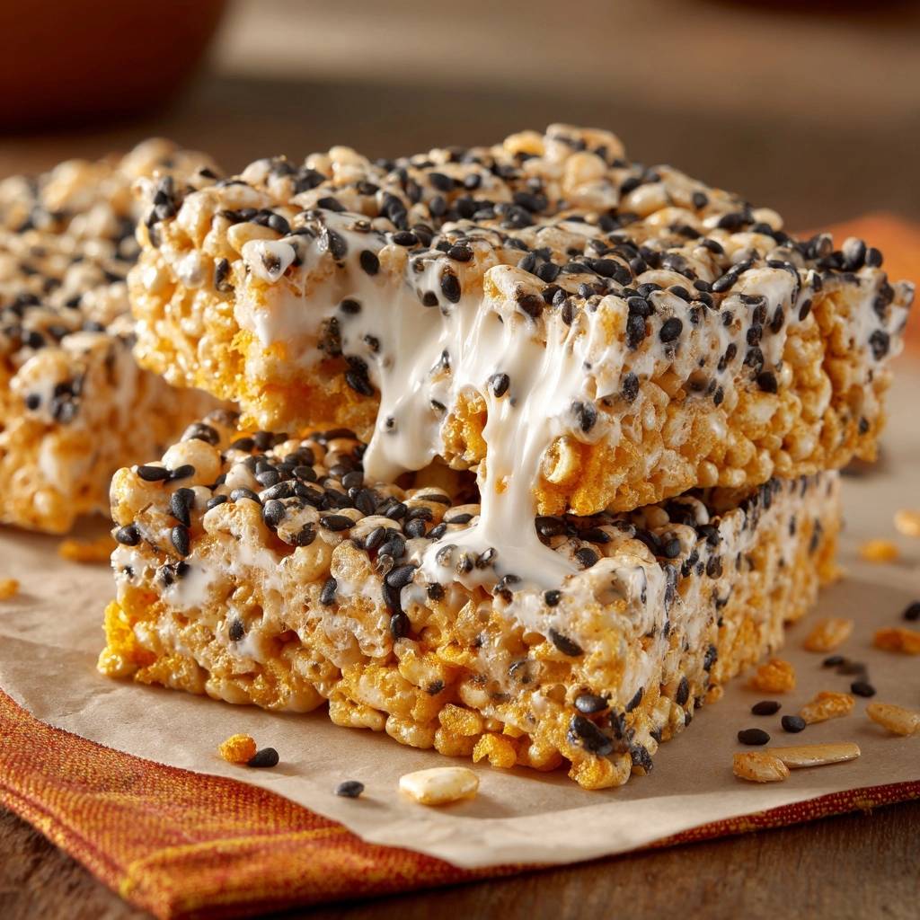 Black sesame cheesy krispie treats cross-section showing gooey melted marshmallow center and crunchy cereal texture.