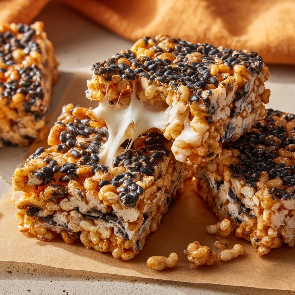 Black sesame cheesy krispie treats with a gooey, melted cheese interior stretching between layers.