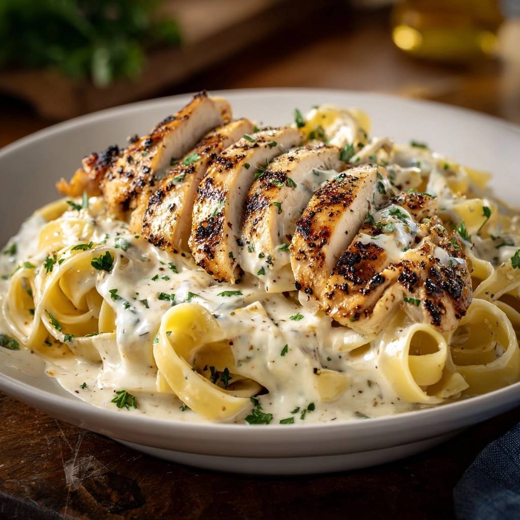 Blackened chicken fettuccine alfredo served with creamy sauce and garnished with fresh parsley